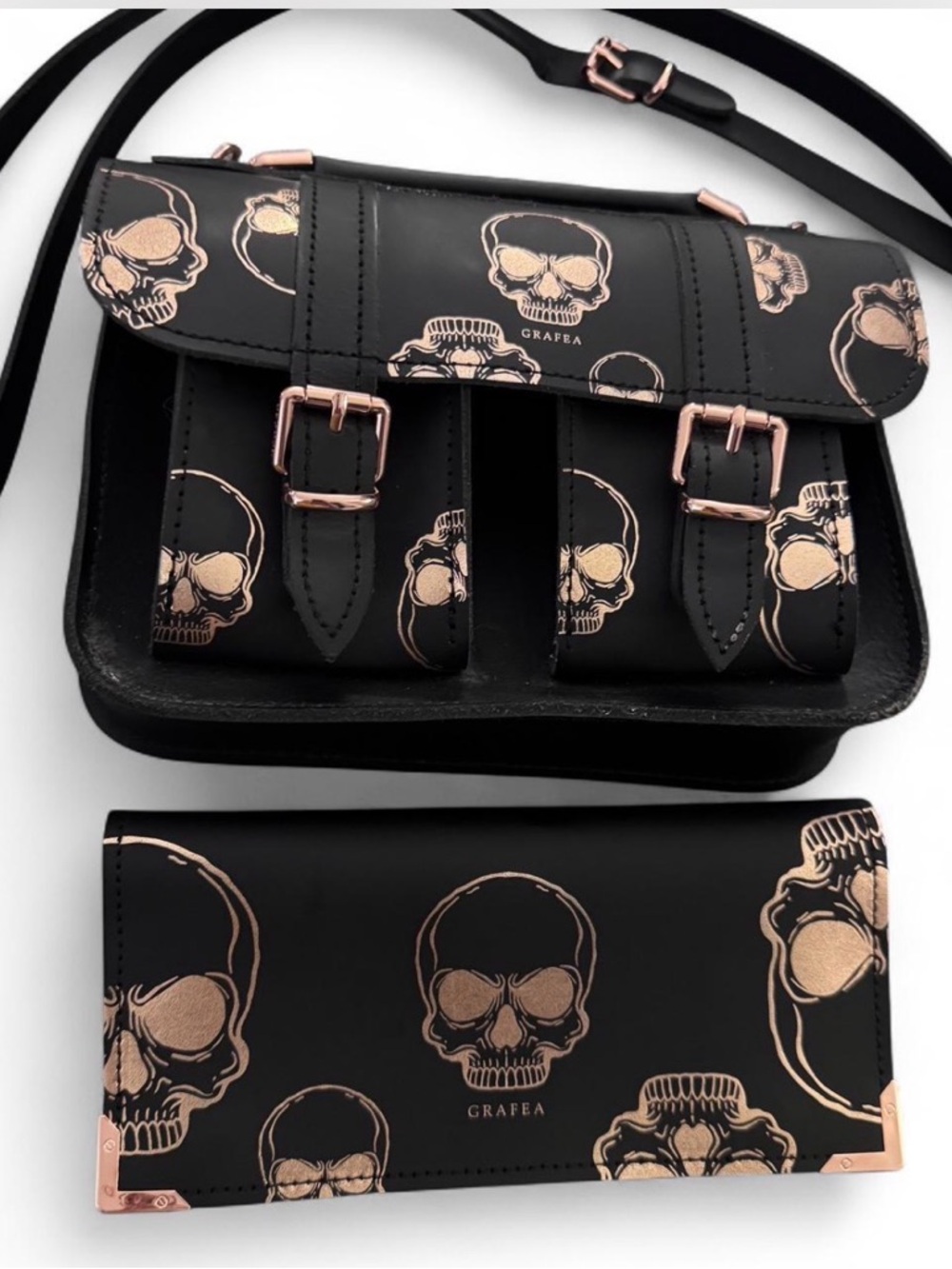 Grafea Black Skull Print Leather Crossbody Bag with Rose Gold Hardware - Picture 4 of 5
